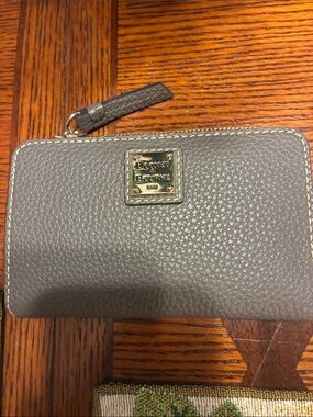 Dooney & Bourke Gray Pebbled Leather Zip Card Wallet with Gold Hardware